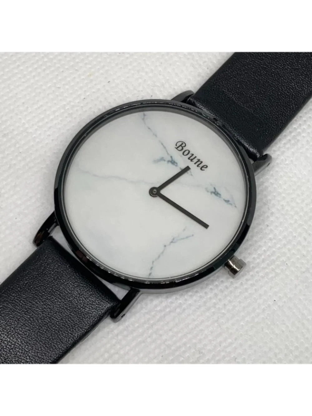 Boune men’s quartz analog watch black tone 40mm white dial leather band running